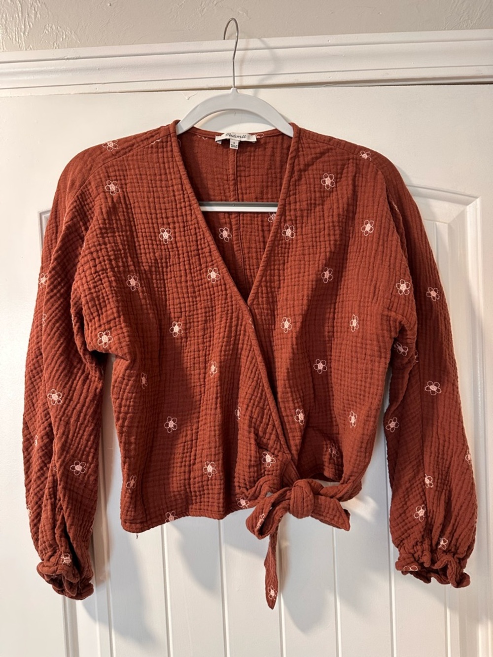 Madewell Rust Tie-Front Embroidered Blouse
